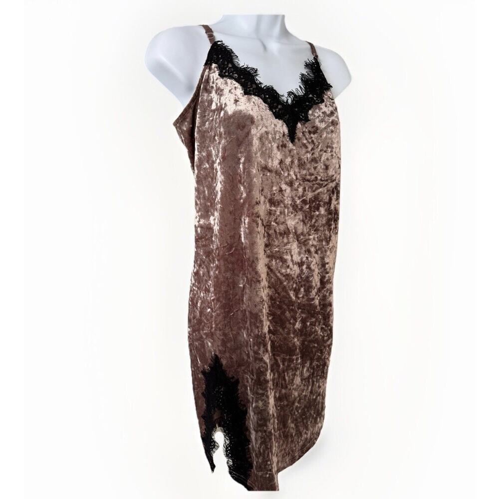 VTG Y2K Wishlist Crushed Velvet Chemise Dress Small Brown Black‎ Lace Trim Retro
